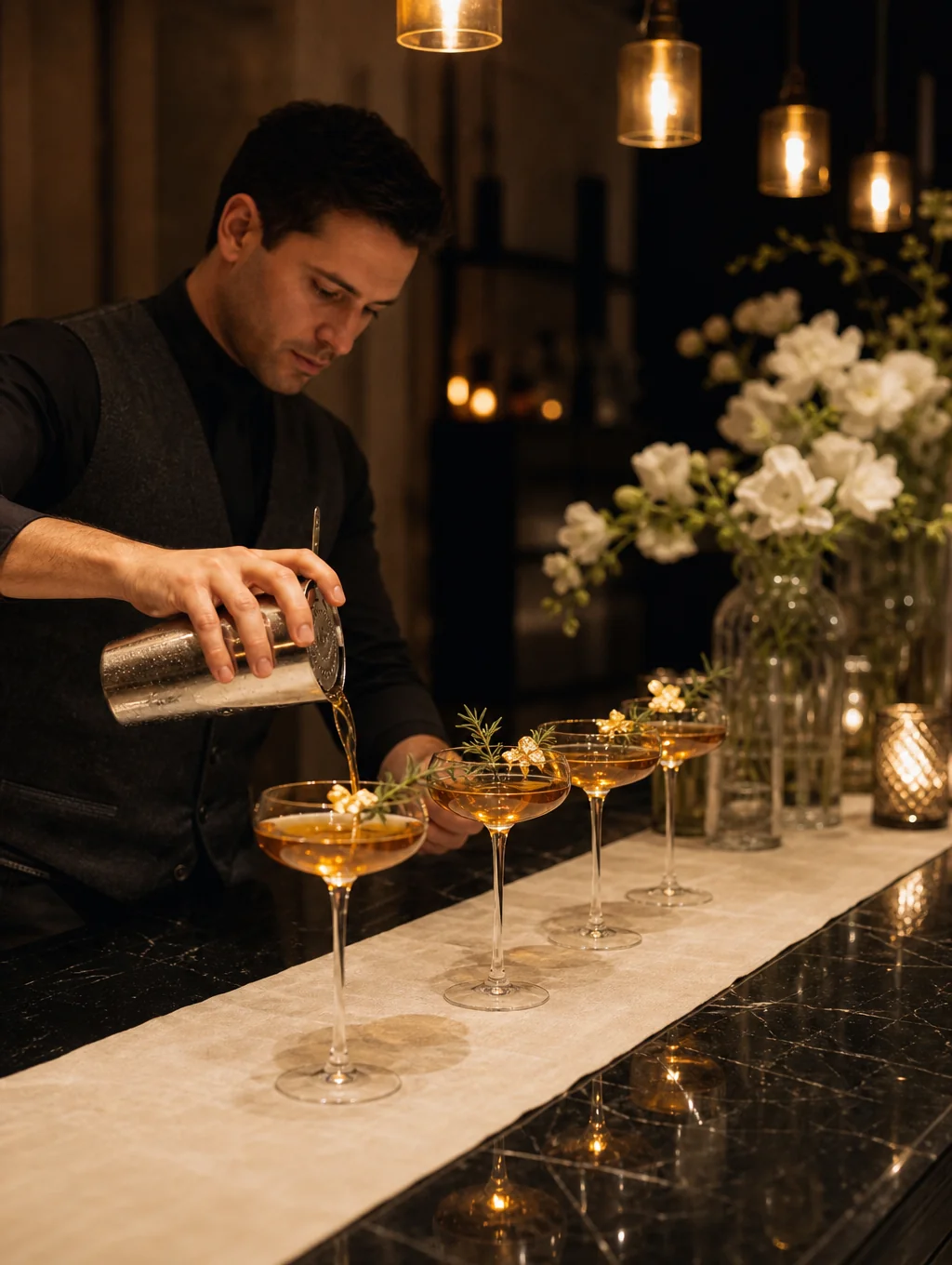 Bartender garnishing an artisanal cocktail in a coupe glass over a dark marble bar