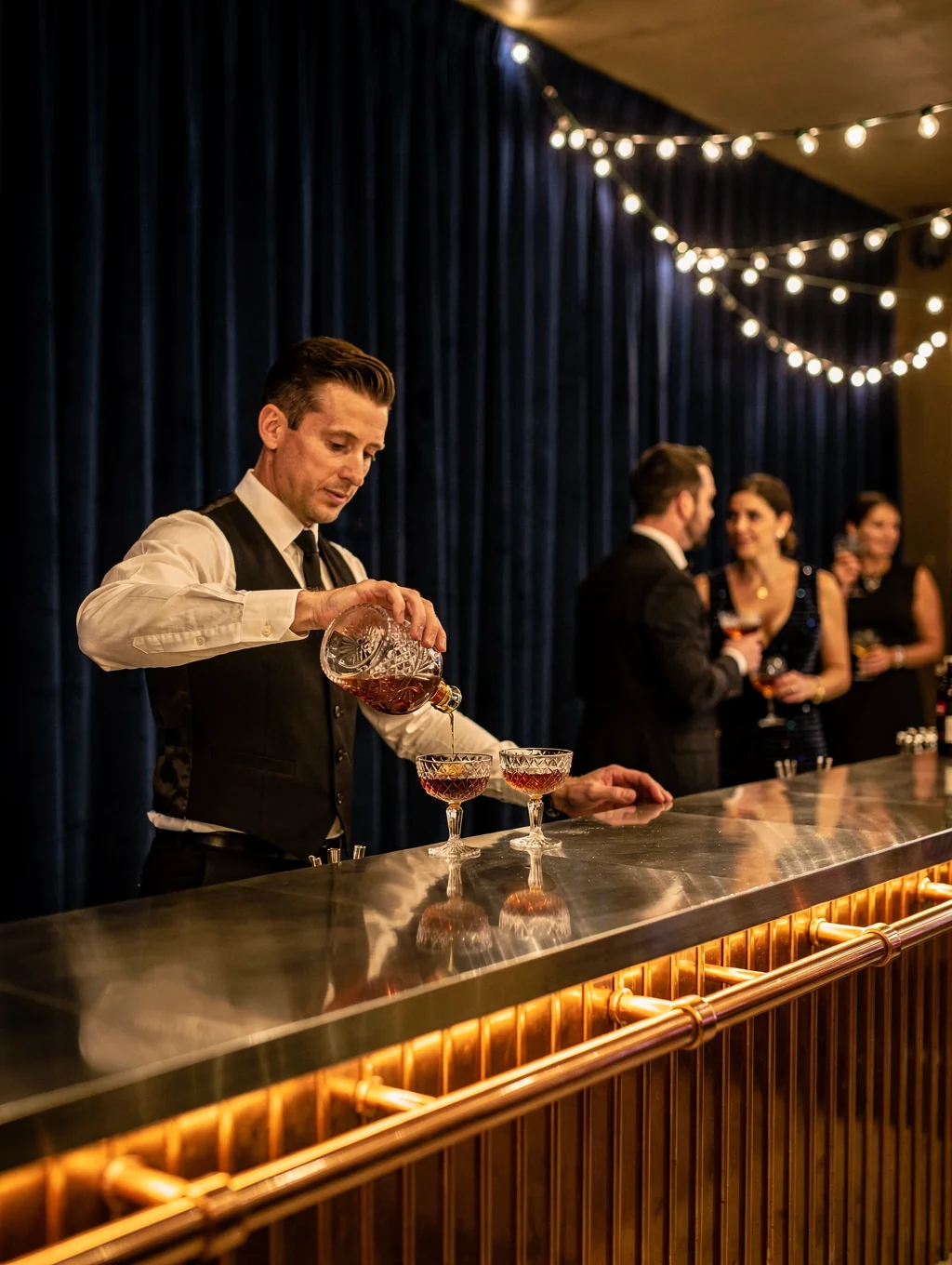 Stylized event pop-up bar with vintage cocktail shakers, fresh botanical garnishes, and amber glassware