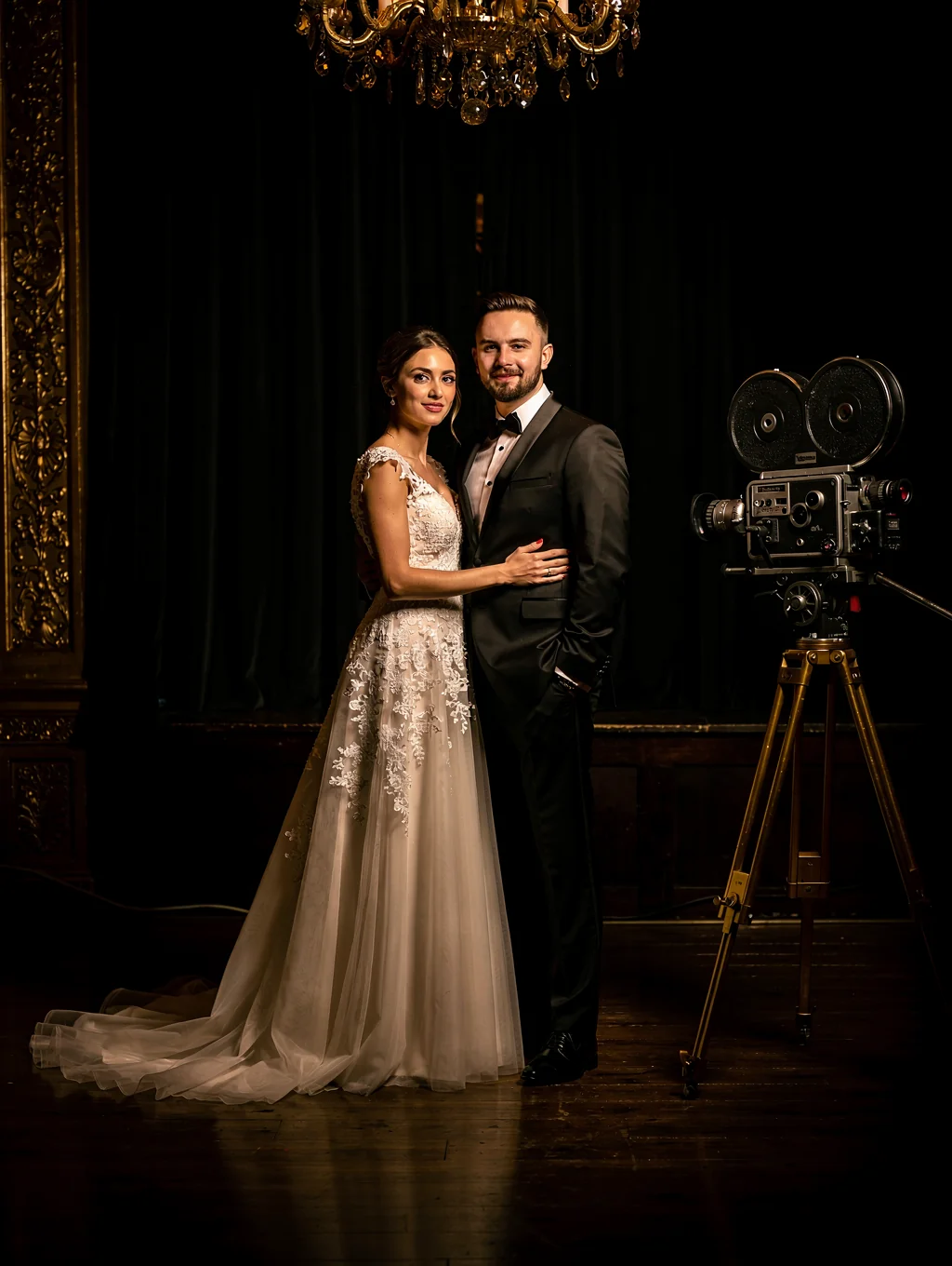Bride and groom posing with custom velvet props in a glamorous photo backdrop
