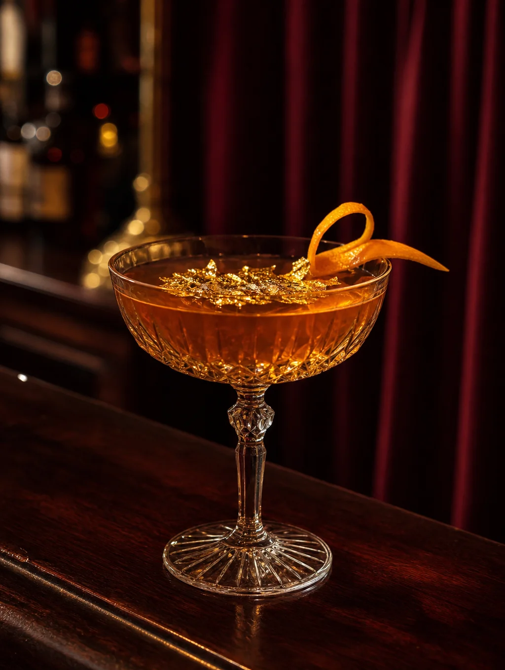 Close-up detail of botanical syrup cocktail garnish in bespoke glassware