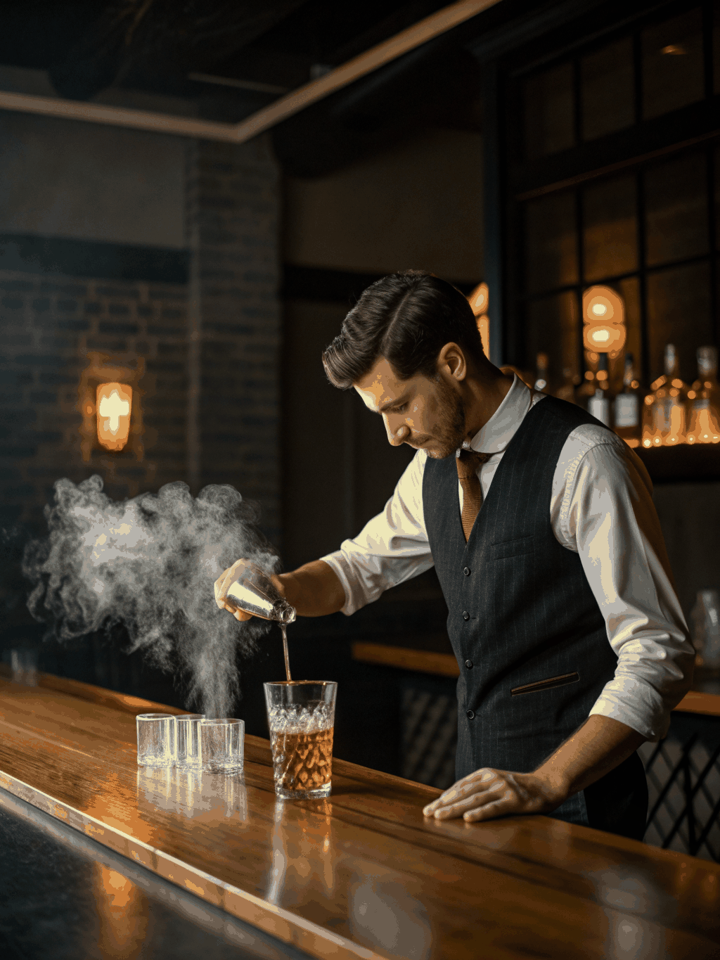 Professional bartender preparing craft cocktails under warm amber lounge lighting