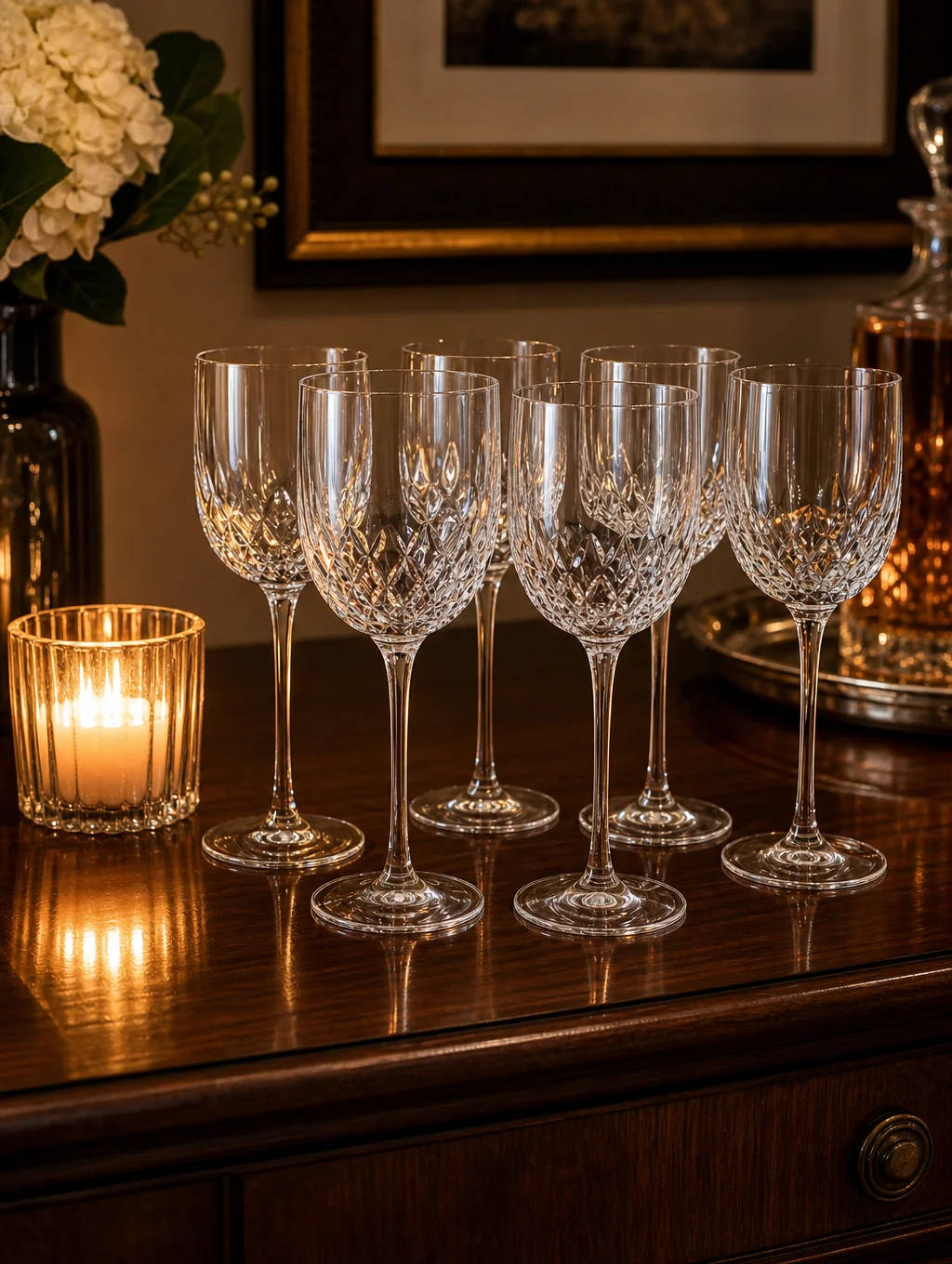 Crystal cut glassware tower catching ambient candlelight on a dark velvet bar