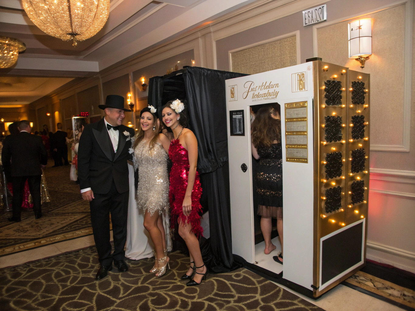 Group of evening gala guests posing together for high-resolution instant studio portraits