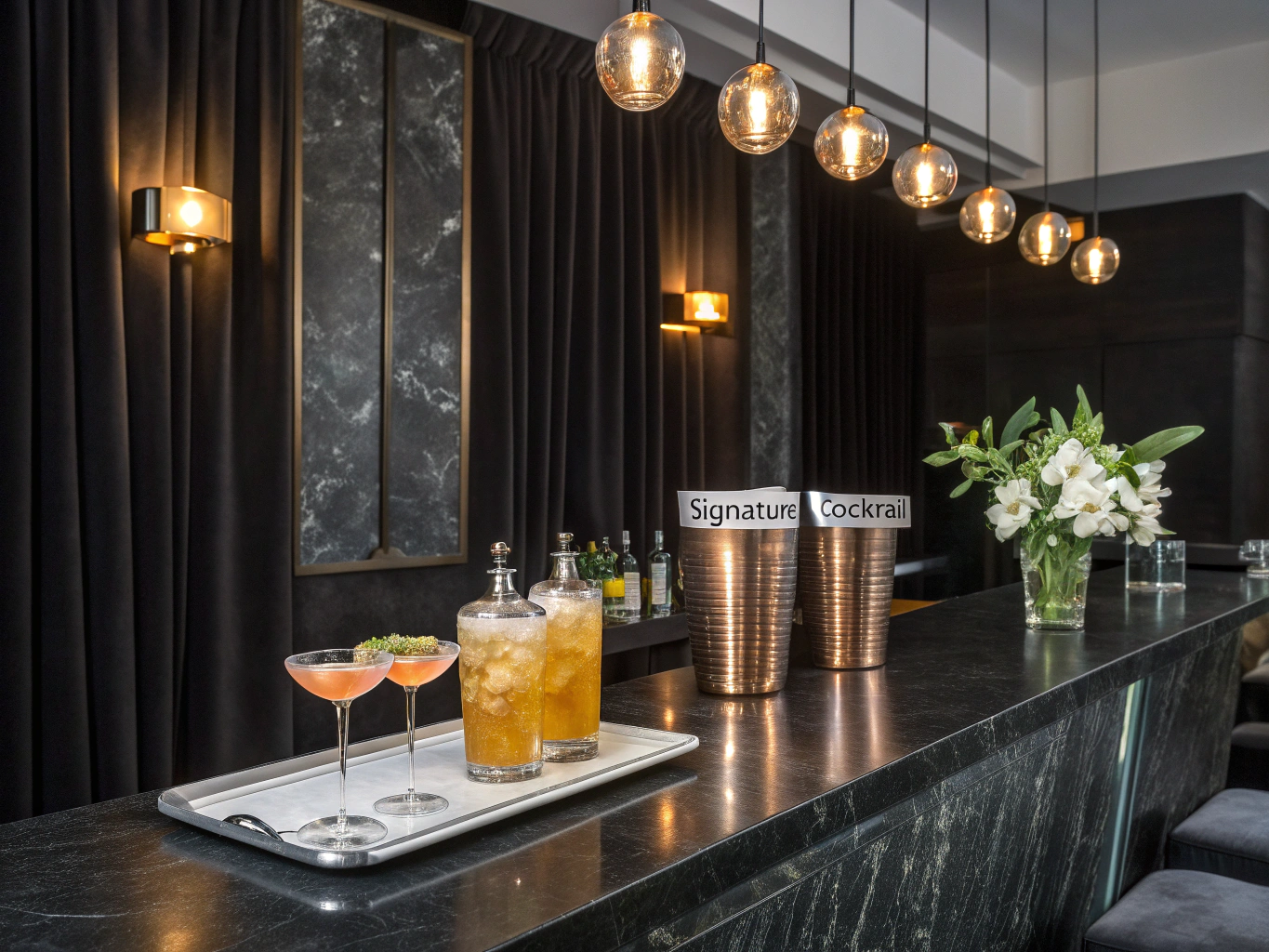 Sleek matte black portable bar station setup ready for private evening service