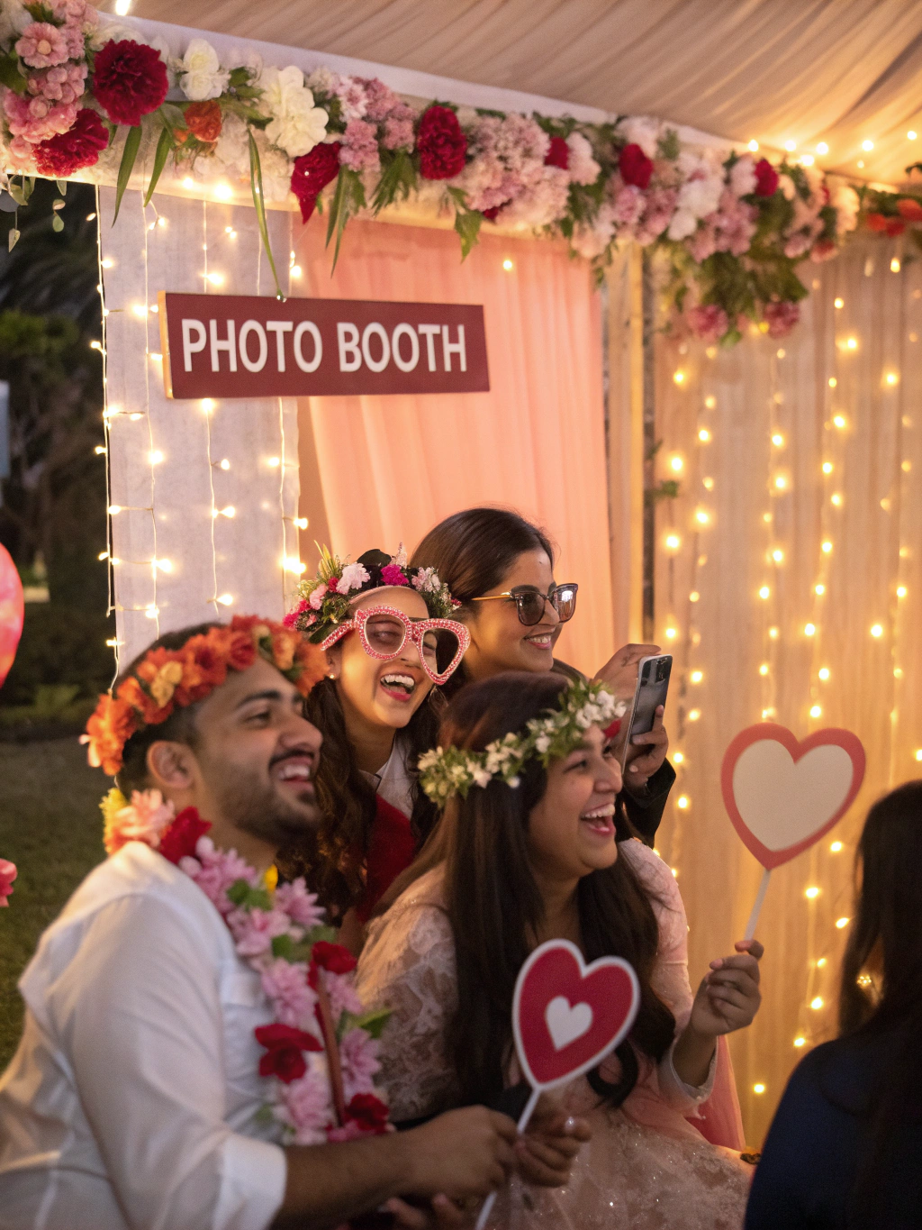 Wedding guests laughing and reviewing printed photo strips in front of an elegant velvet backdrop